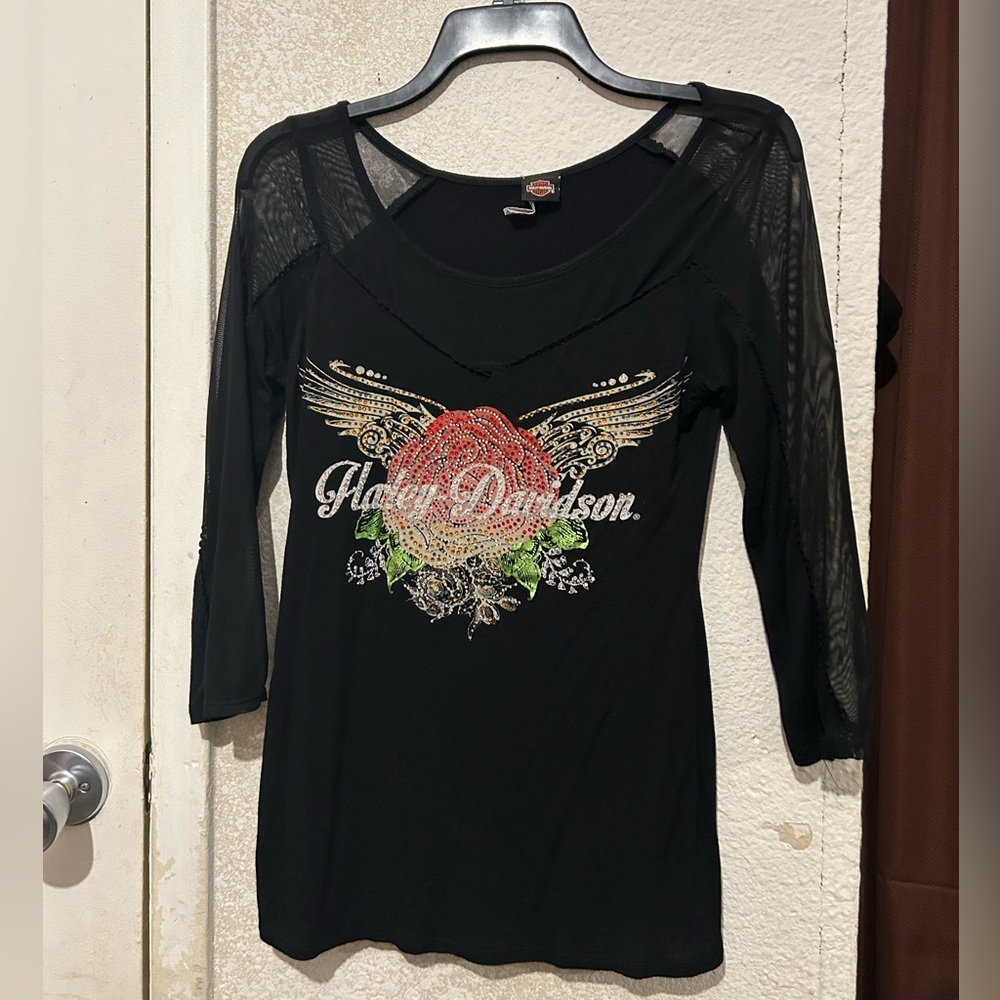 Harley Davidson Black Mesh Sleeve Top